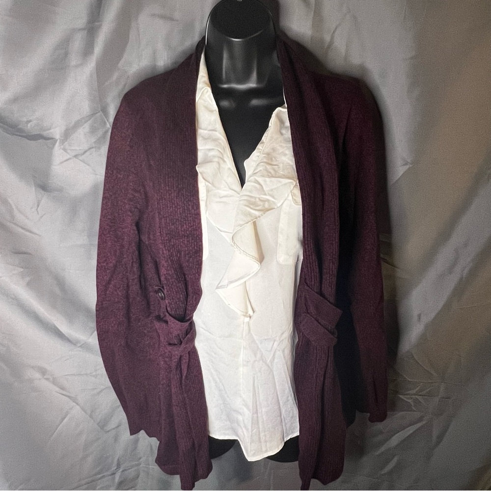 AB Studio open front cardigan in burgundy & black. Size Large.